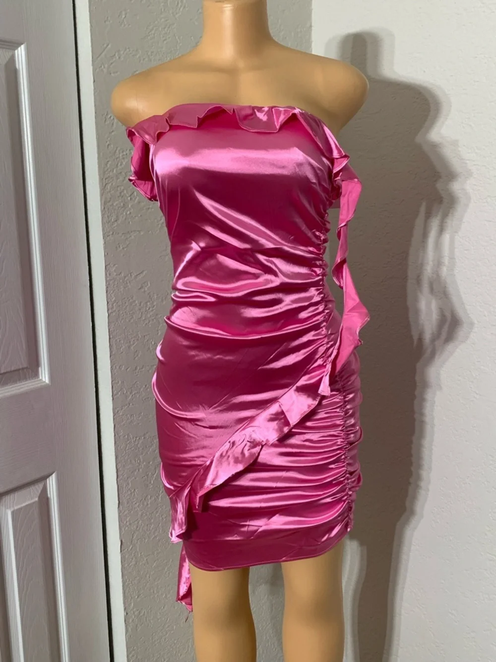 Strapless Pink Satin Ruffle Bodycon Dress - Picture 4 of 4
